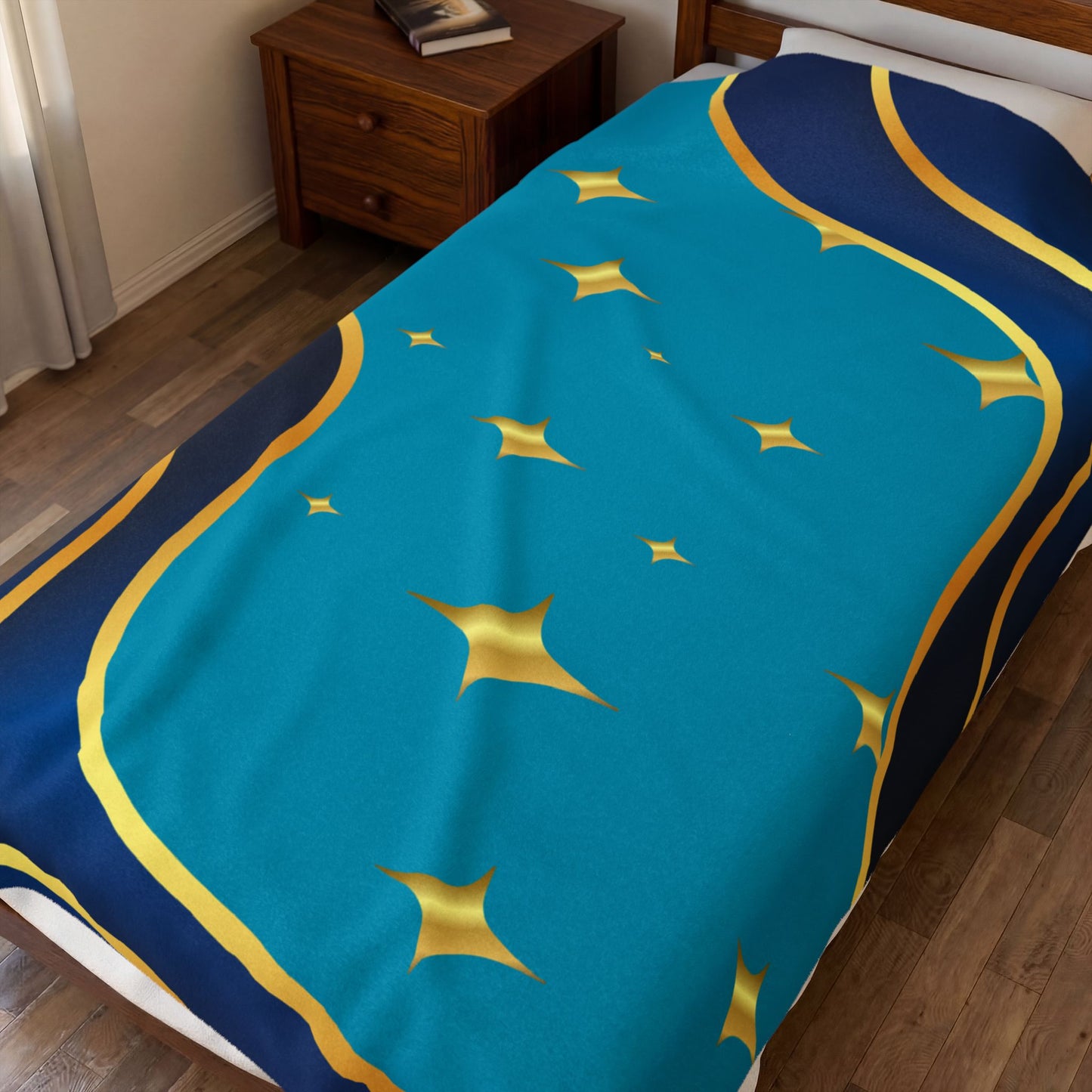 Plush Blanket — Teal & Gold Abstract Starry Wave Throw
