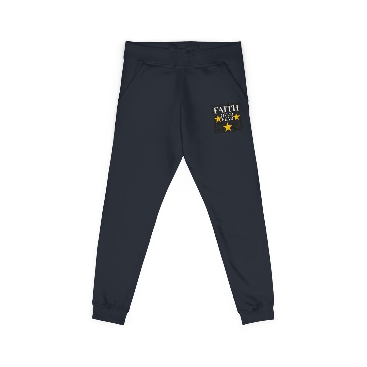 Embroidered Star Patch Sweatpants — White Fleece Joggers