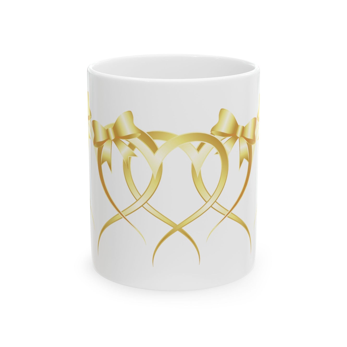 Gold Ribbon Heart Ceramic Mug — Elegant Wedding & Anniversary Gift (11oz, 15oz)