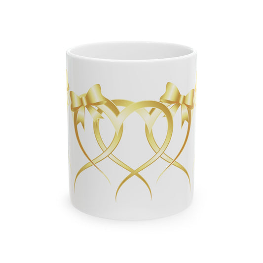 Gold Ribbon Heart Ceramic Mug — Elegant Wedding & Anniversary Gift (11oz, 15oz)