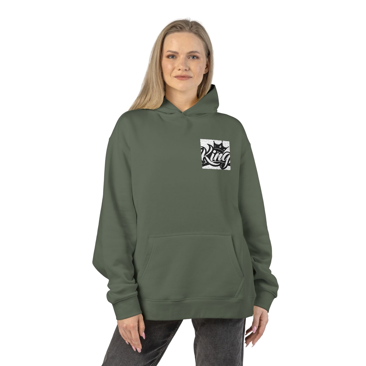 Relaxed Hoodie — Minimal Black Crown Chest Logo Hooded Sweatshirt