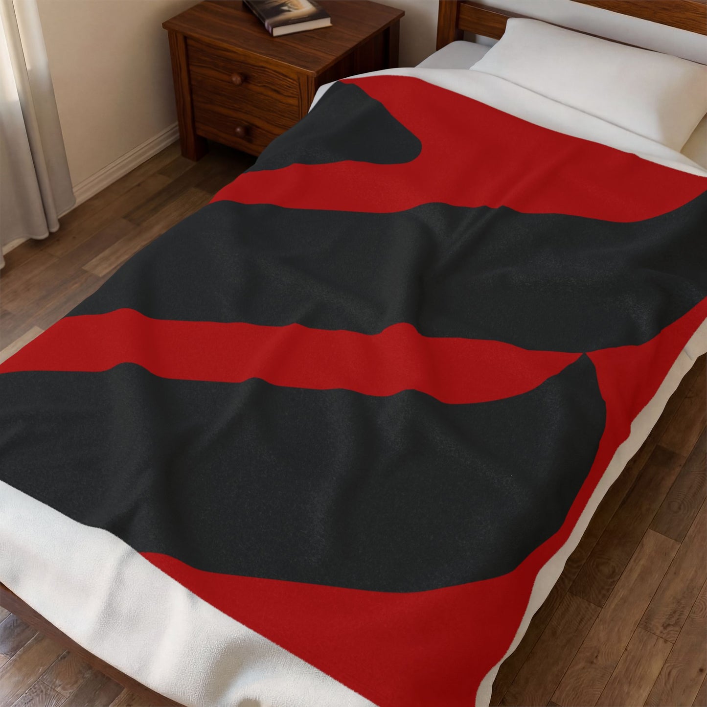 Bold Red Black Abstract Wave Velveteen Plush Blanket | Modern Geometric Throw