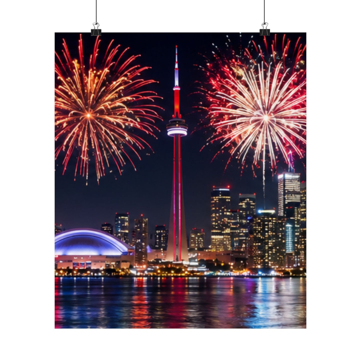 CN Tower Fireworks Matte Vertical Poster — Toronto Skyline Night Celebration Wall Art