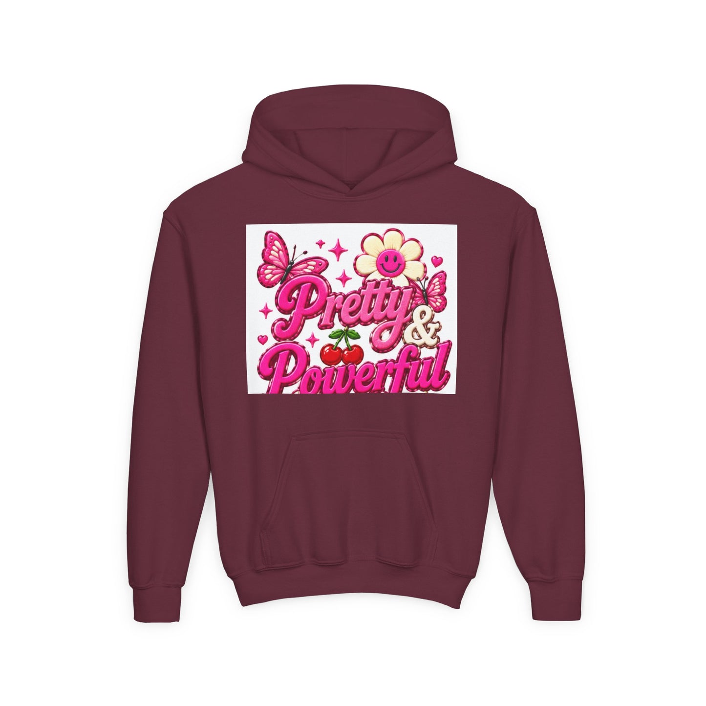 Pretty & Powerful Youth Hoodie | Pink Flower Butterfly Design