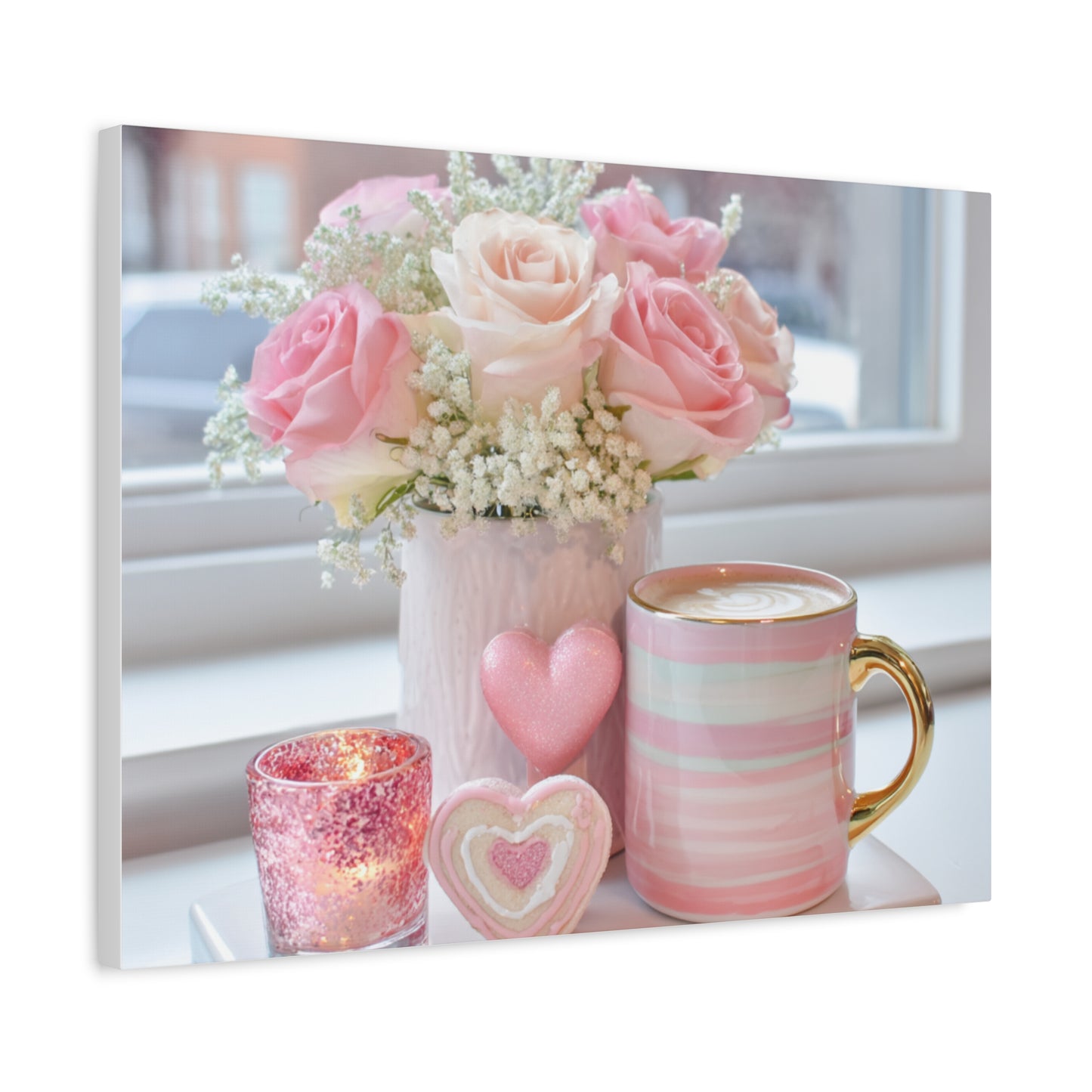 Pink Rose Bouquet with Mug Canvas