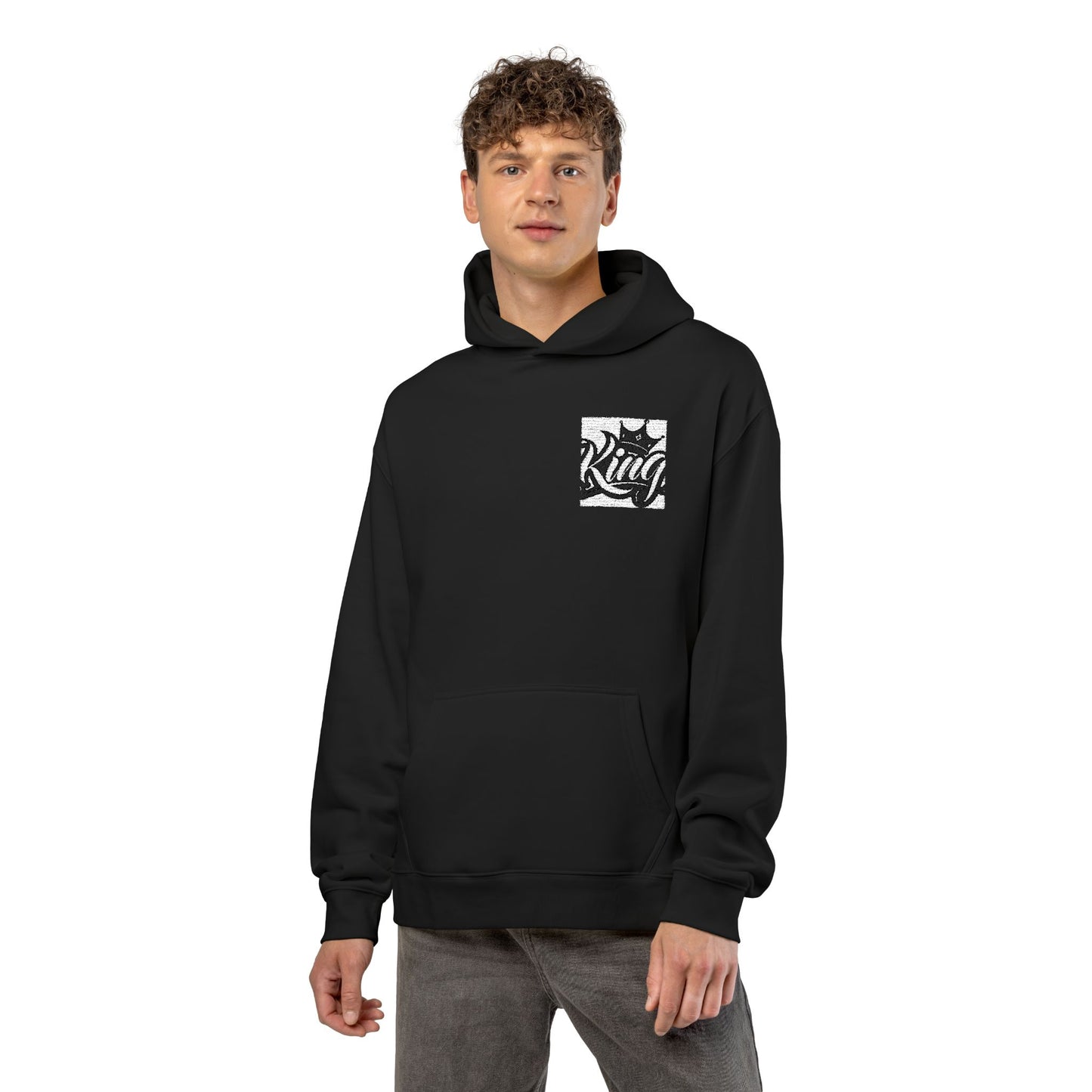Relaxed Hoodie — Minimal Black Crown Chest Logo Hooded Sweatshirt