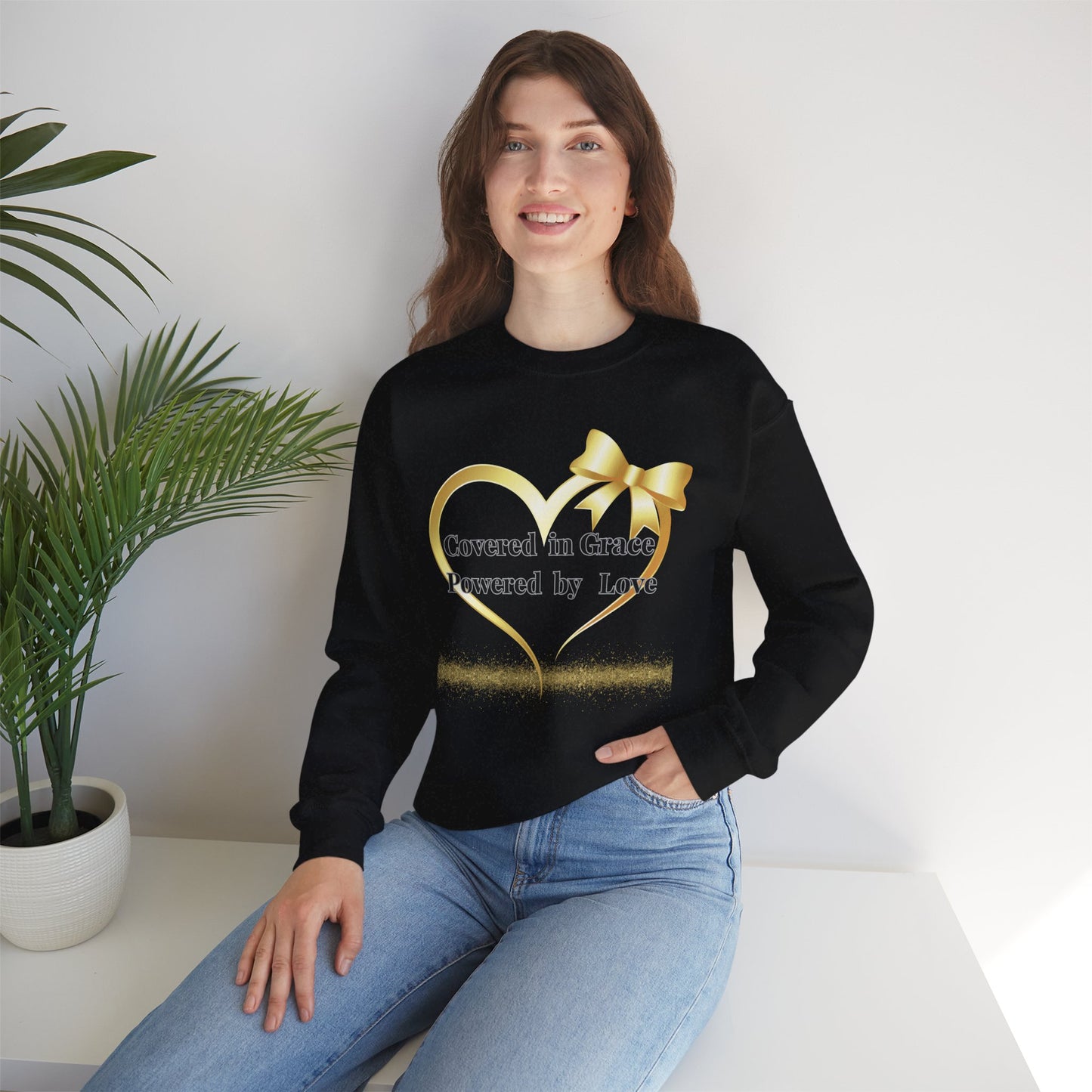 Crewneck Sweatshirt — "Covered in Grace Powered by Love" Gold Heart Design