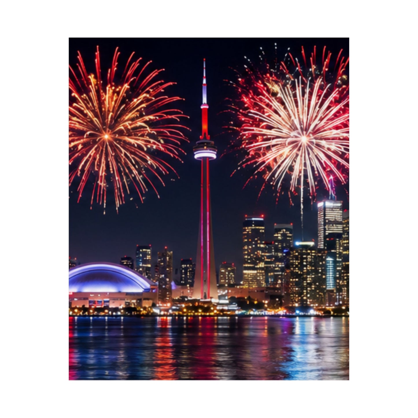 CN Tower Fireworks Matte Vertical Poster — Toronto Skyline Night Celebration Wall Art