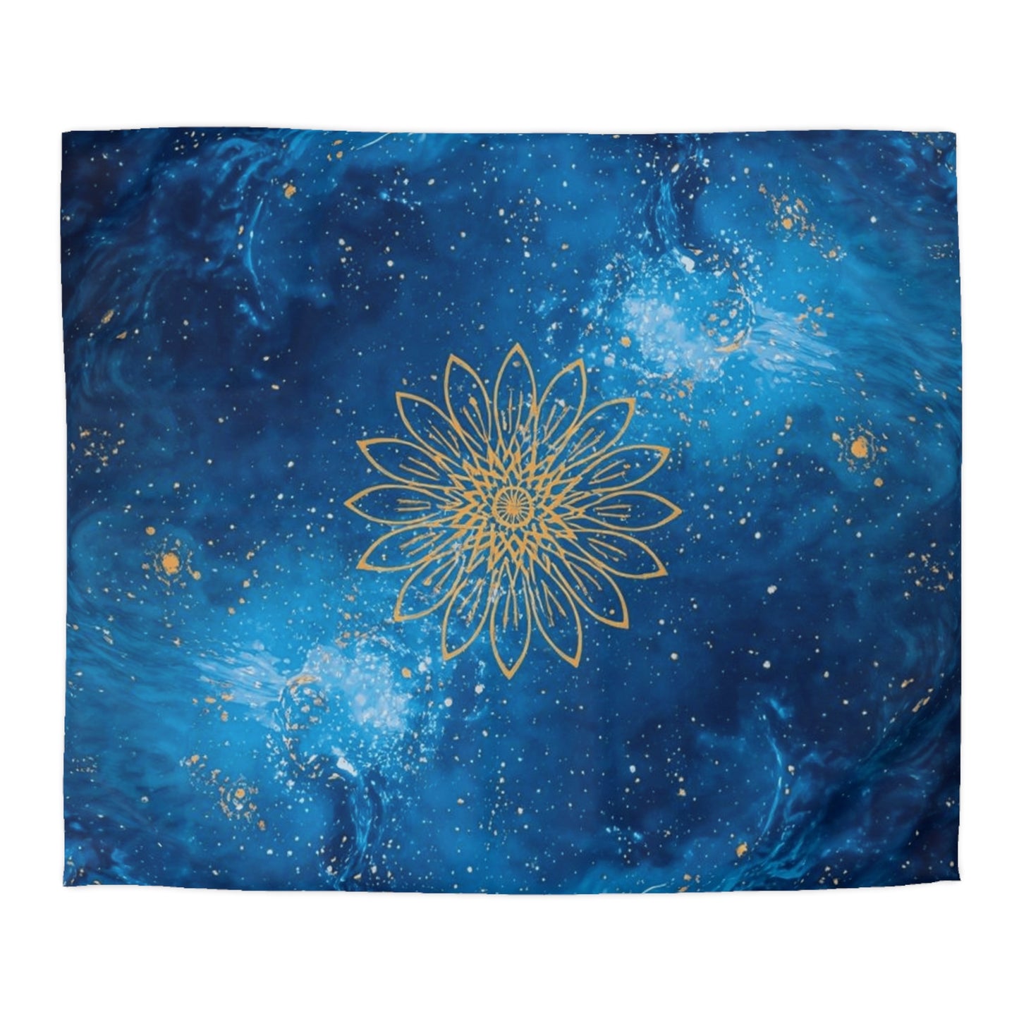 Galaxy Mandala Duvet Cover — Blue Cosmic Bedding with Gold Floral Mandala