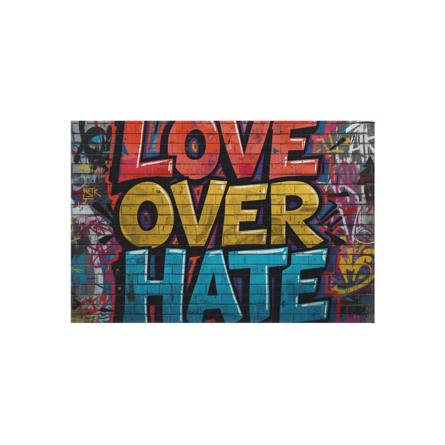 Love Over Hate Outdoor Rug — Colorful Graffiti Patio Mat