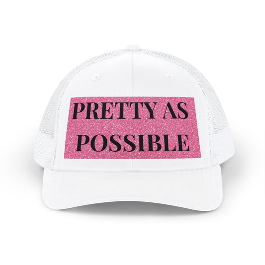 PRETTY AS POSSIBLE Snapback Hat | Pink Glitter Text Trucker Cap