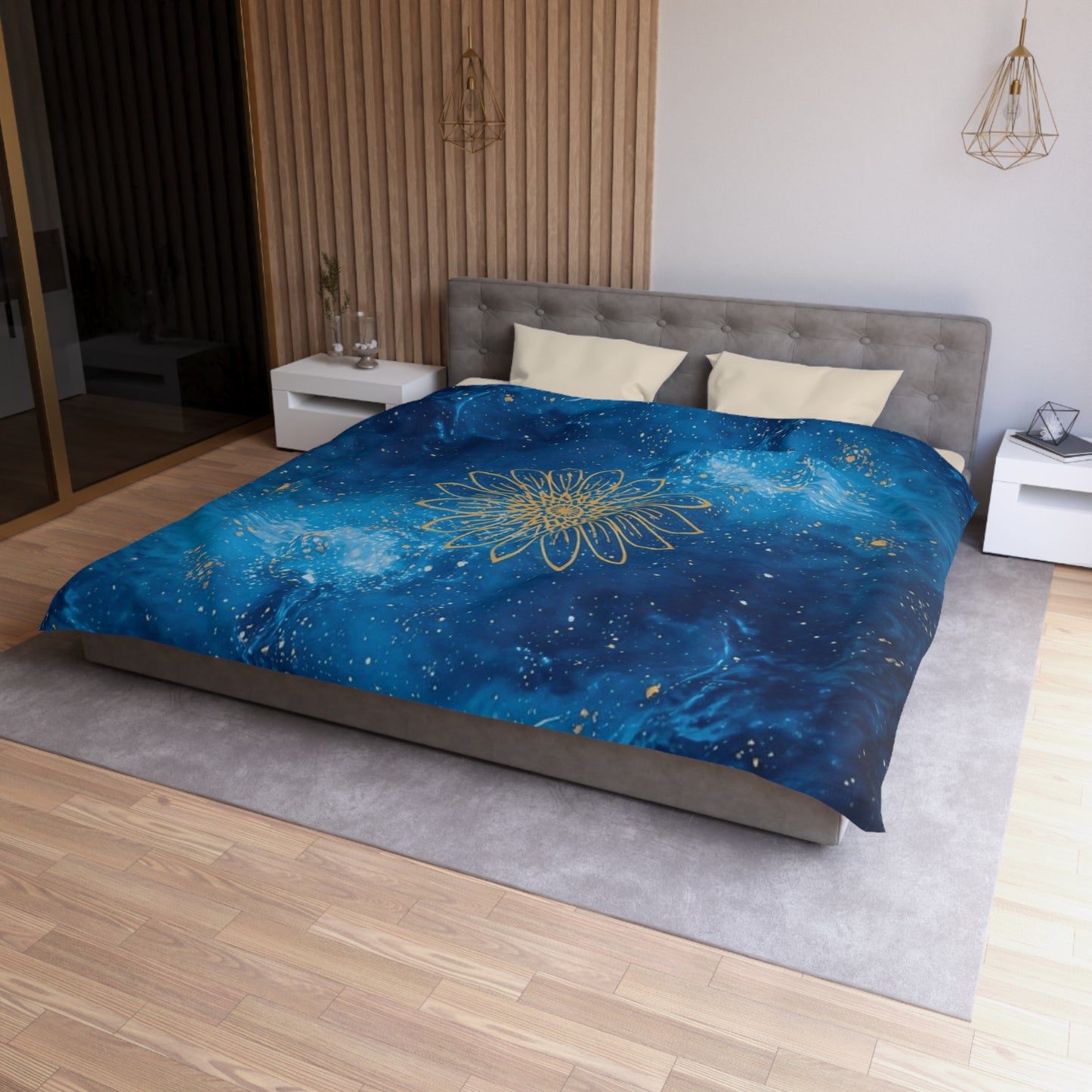 Galaxy Mandala Duvet Cover — Blue Cosmic Bedding with Gold Floral Mandala