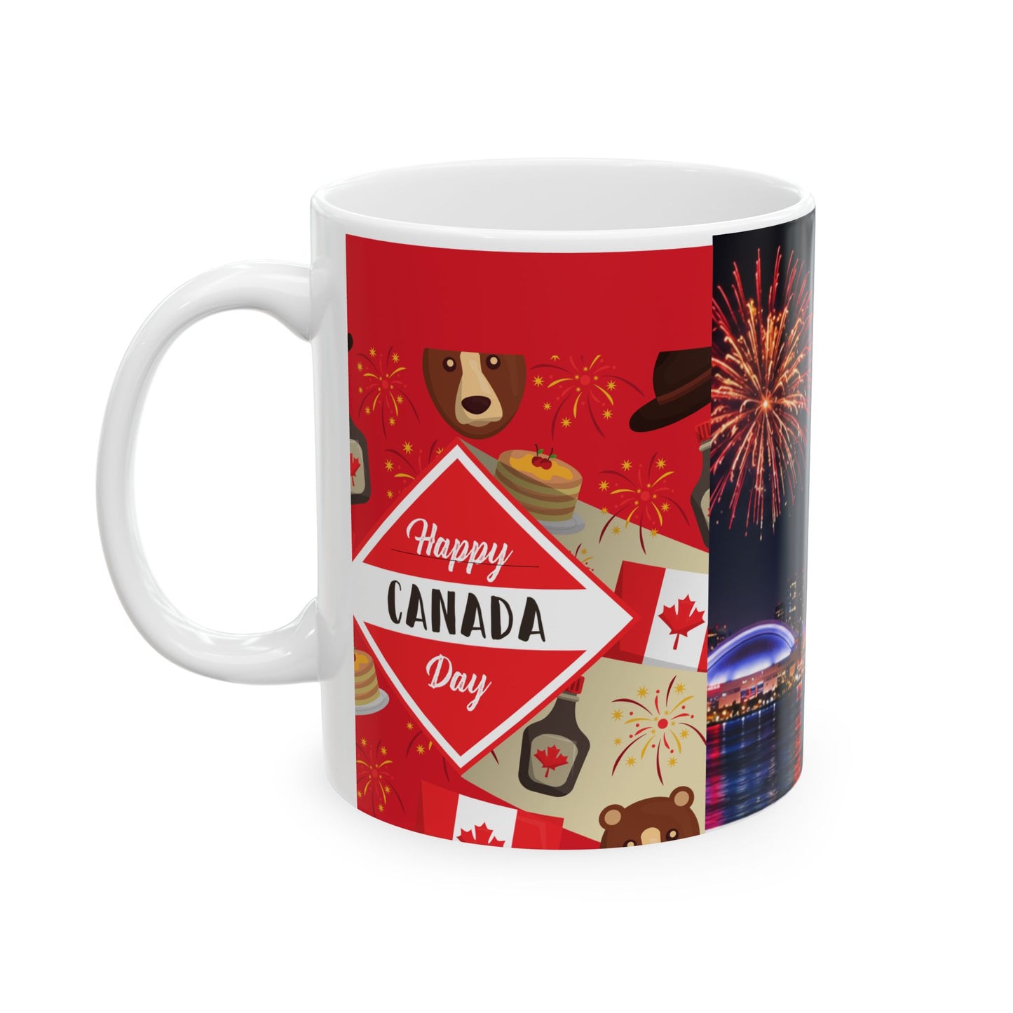 Canada Cityscape Fireworks Mug — Happy Canada Day Ceramic Coffee Cup (11oz/15oz)