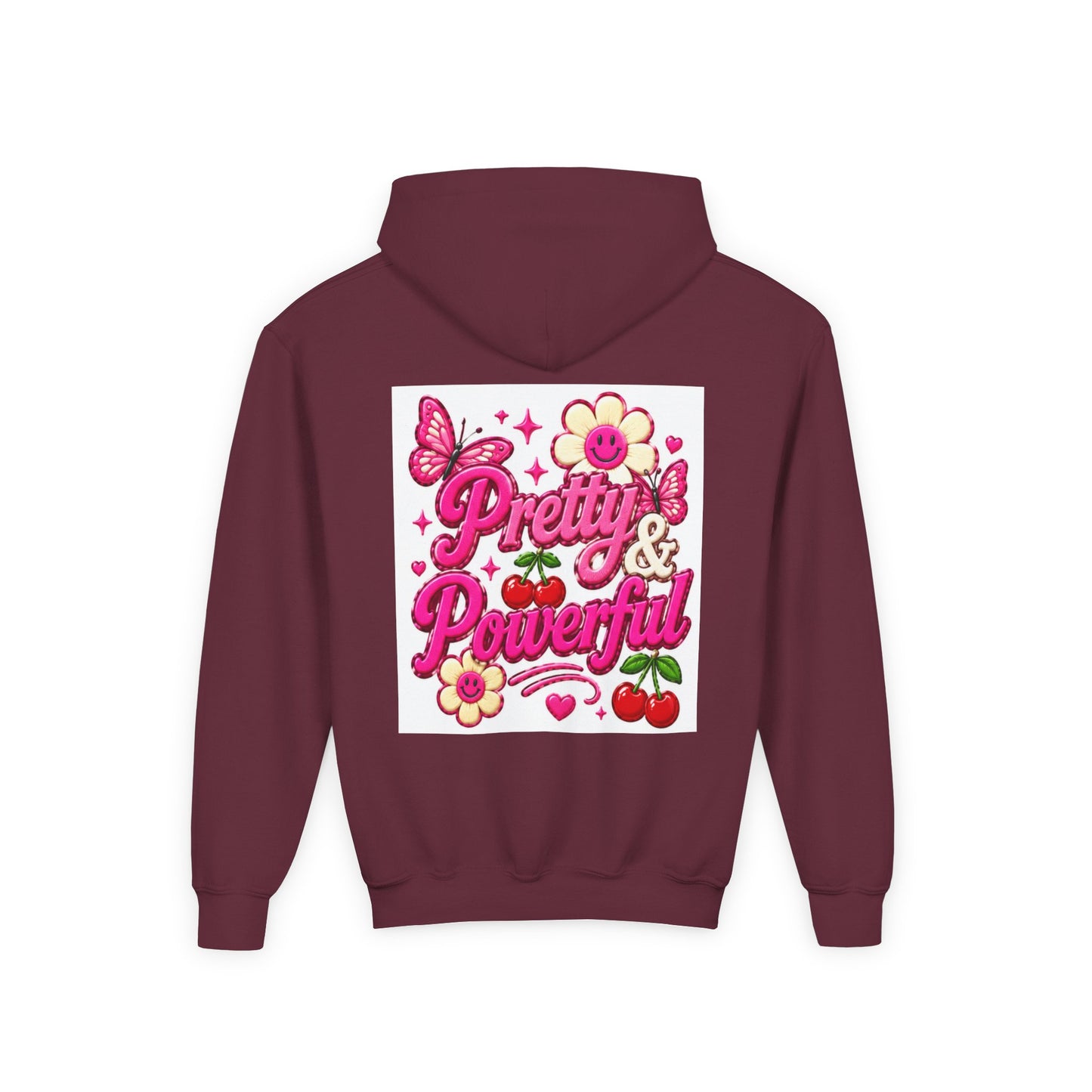 Pretty & Powerful Youth Hoodie | Pink Flower Butterfly Design