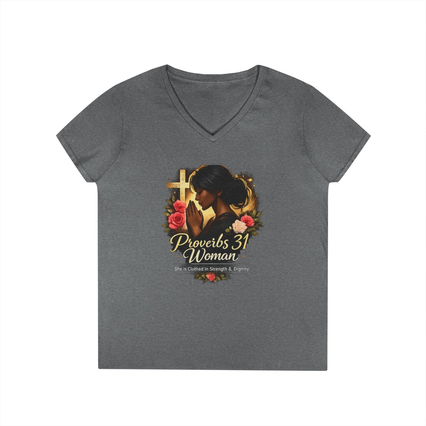 Proverbs 31 Woman V-Neck Tee — Faithful Christian Ladies Floral Shirt