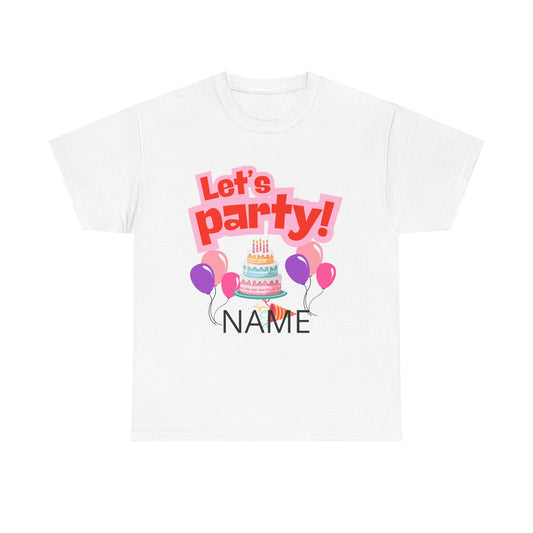 Birthday Party T-Shirt — “Let’s Party!” Personalized Tee with Cake & Balloons