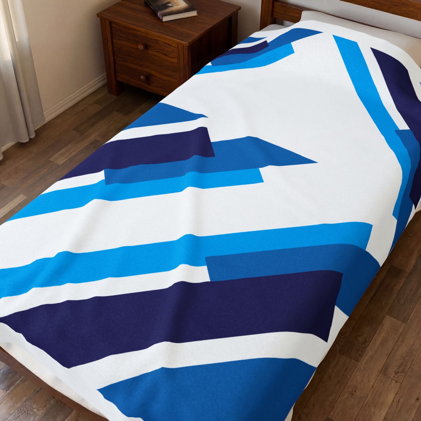 Blue Geometric Stripes Velveteen Plush Blanket | Modern Diagonal Pattern