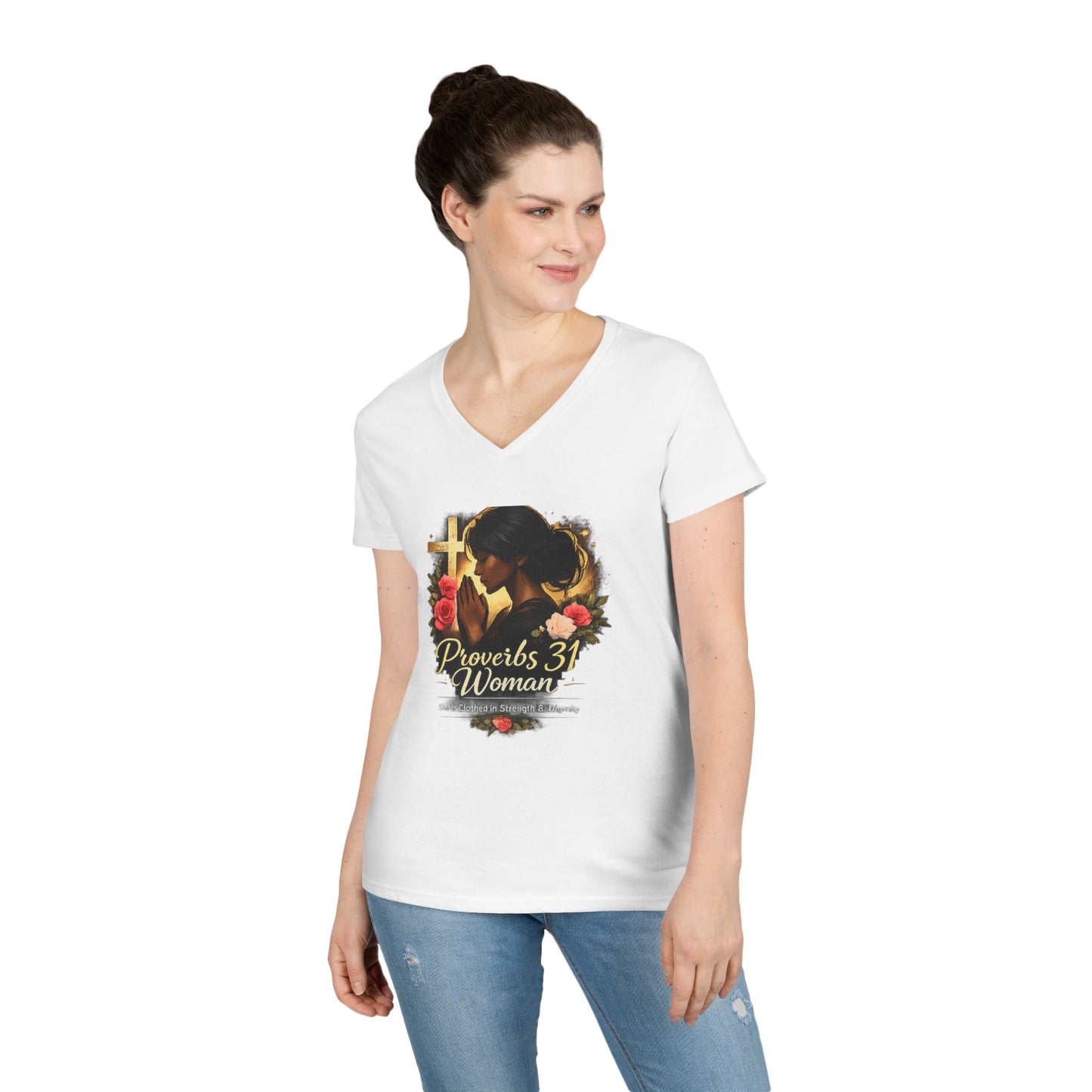 Proverbs 31 Woman V-Neck Tee — Faithful Christian Ladies Floral Shirt