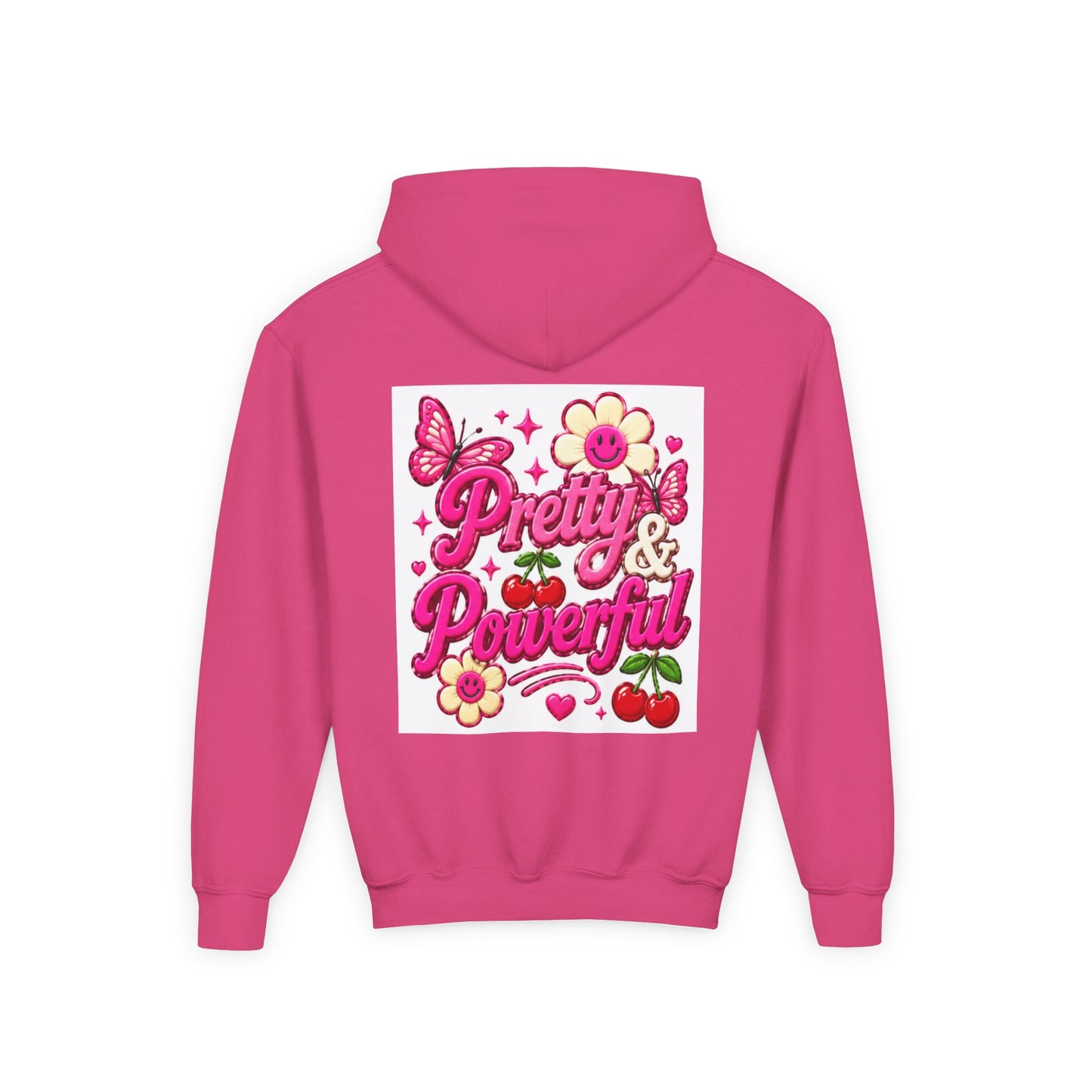 Pretty & Powerful Youth Hoodie | Pink Flower Butterfly Design