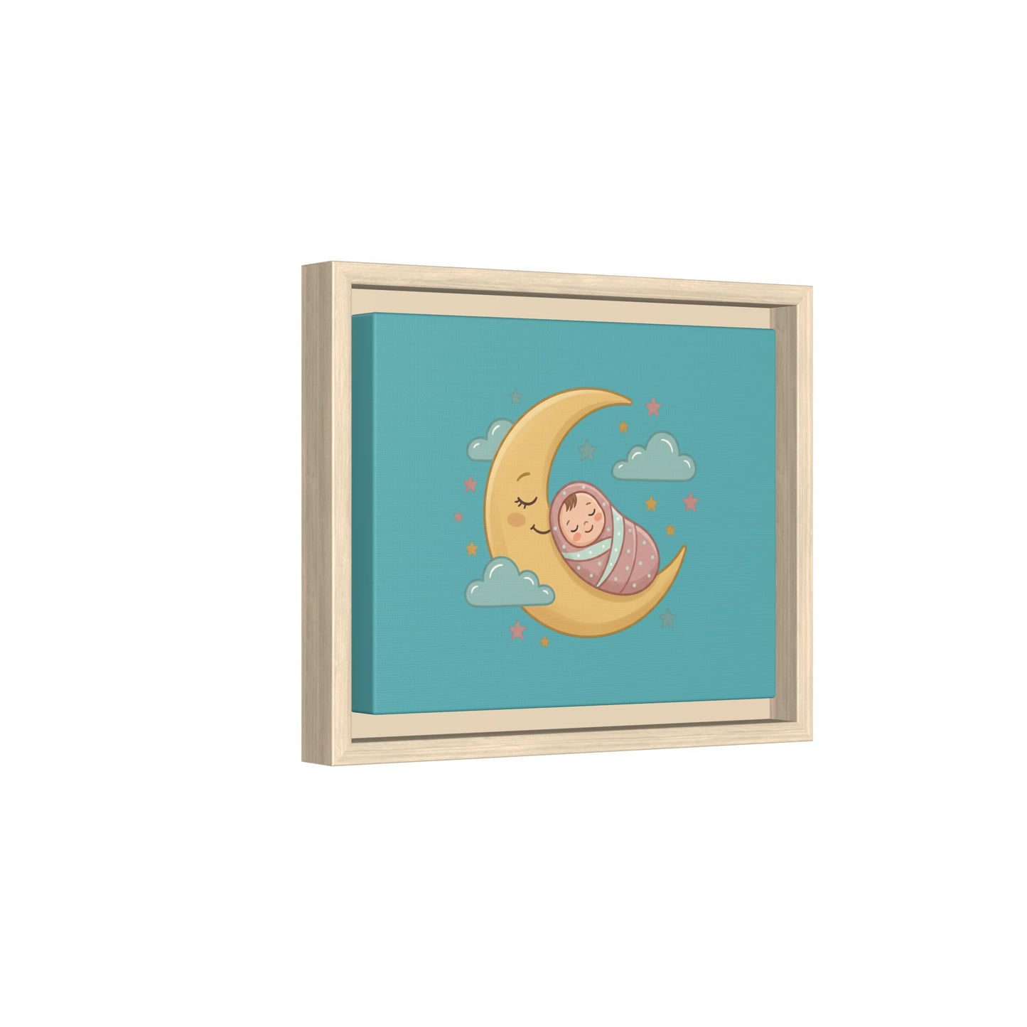 Framed Baby Moon Nursery Canvas – Cute Sleeping Baby on Crescent Moon Wall Art