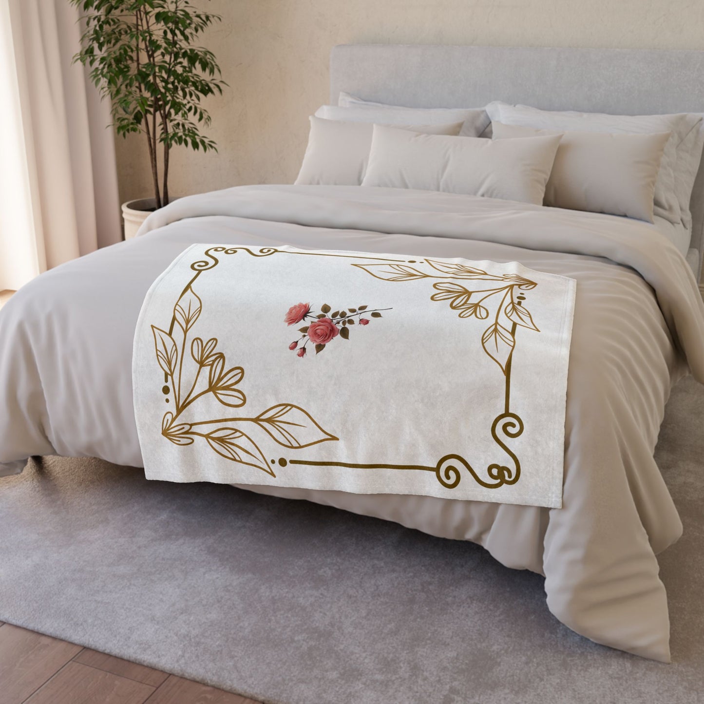 Floral Gold Border Soft Polyester Blanket — Rose Bouquet Throw