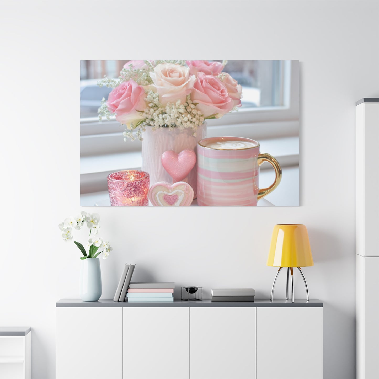 Pink Rose Bouquet with Mug Canvas
