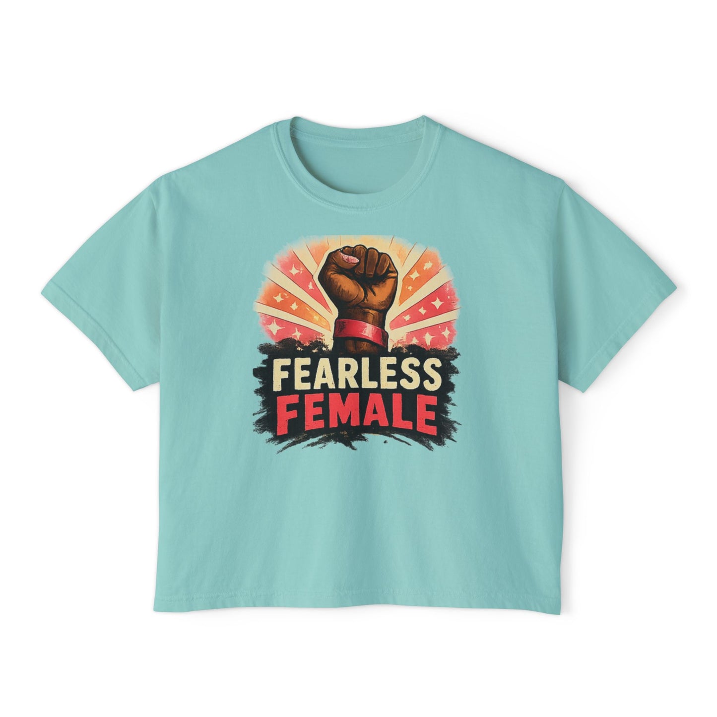 Fearless Female Boxy Tee — Empowerment T‑Shirt with Raised Fist Graphic
