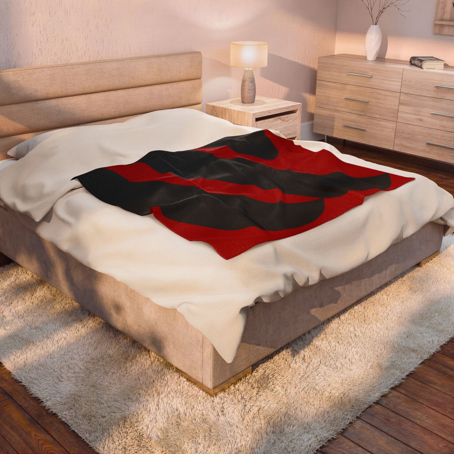 Bold Red Black Abstract Wave Velveteen Plush Blanket | Modern Geometric Throw