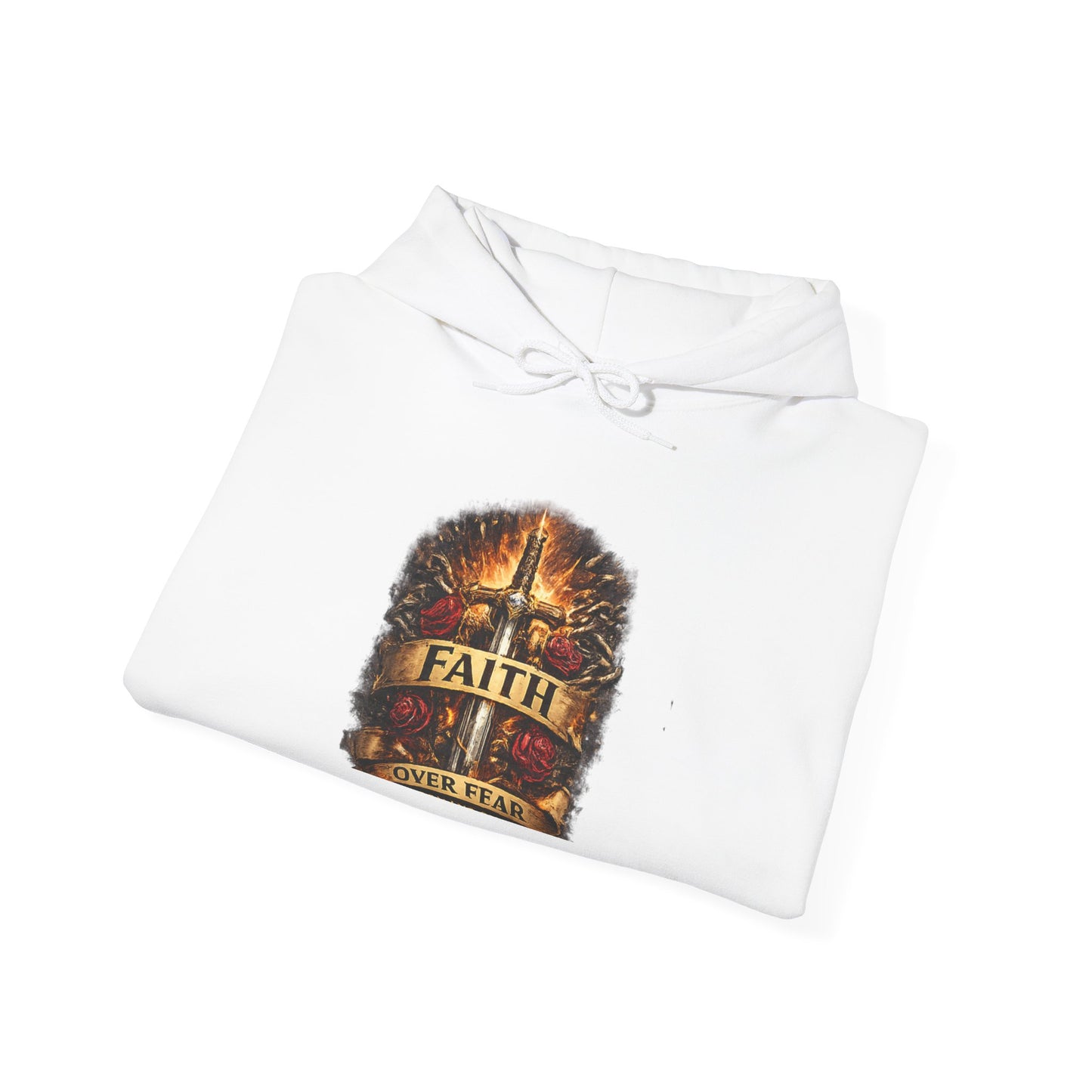 Faith Over Fear Hoodie — Inspirational Christian Pullover with Cross and Banner Design