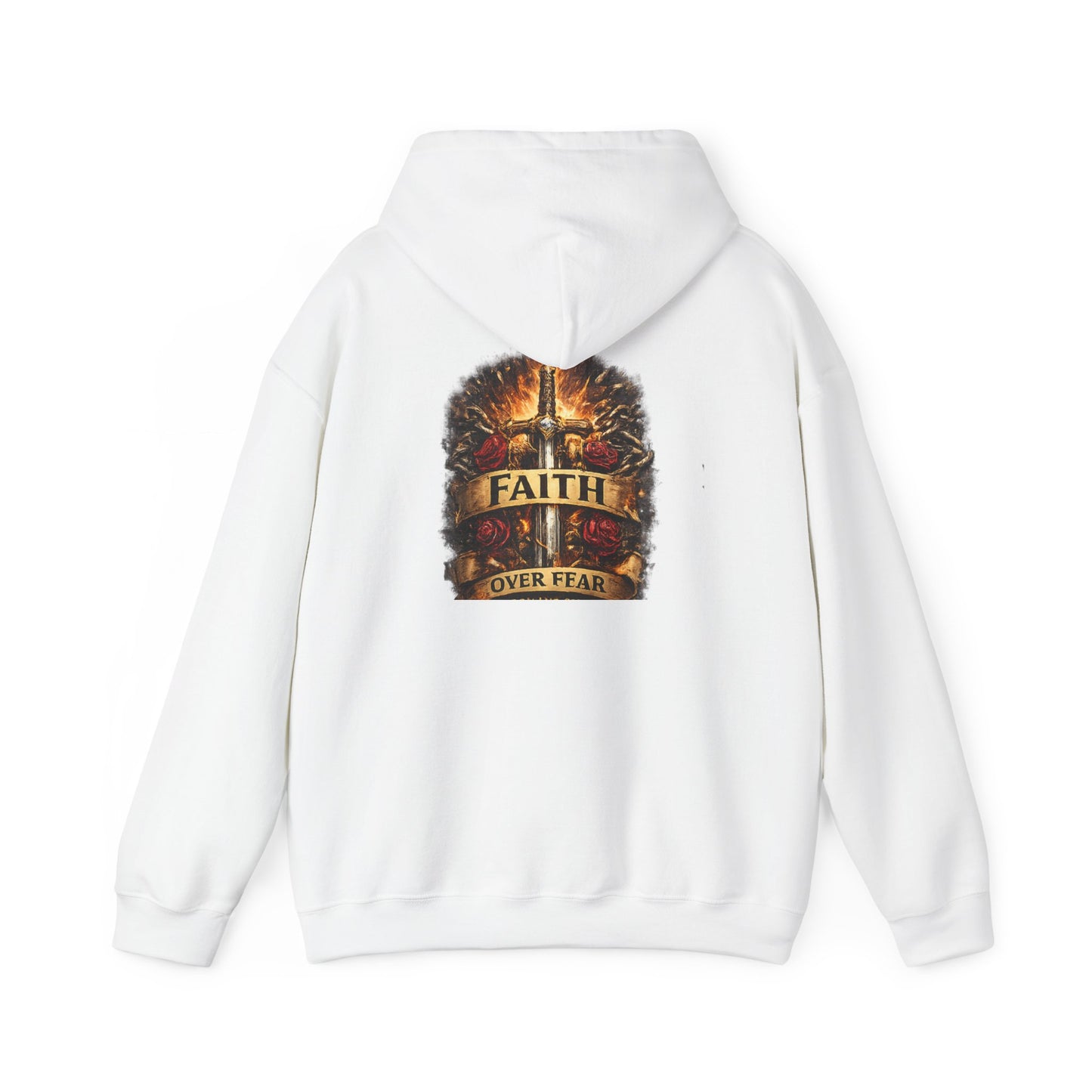 Faith Over Fear Hoodie — Inspirational Christian Pullover with Cross and Banner Design