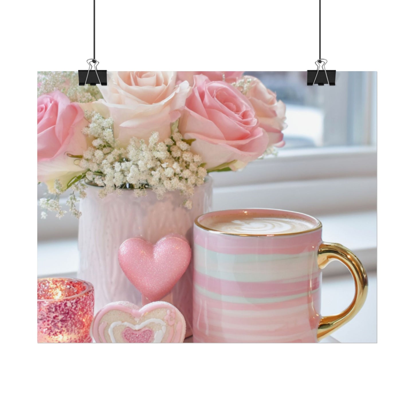 Pink Roses and Heart Mug Rolled Poster | Floral Coffee Still Life