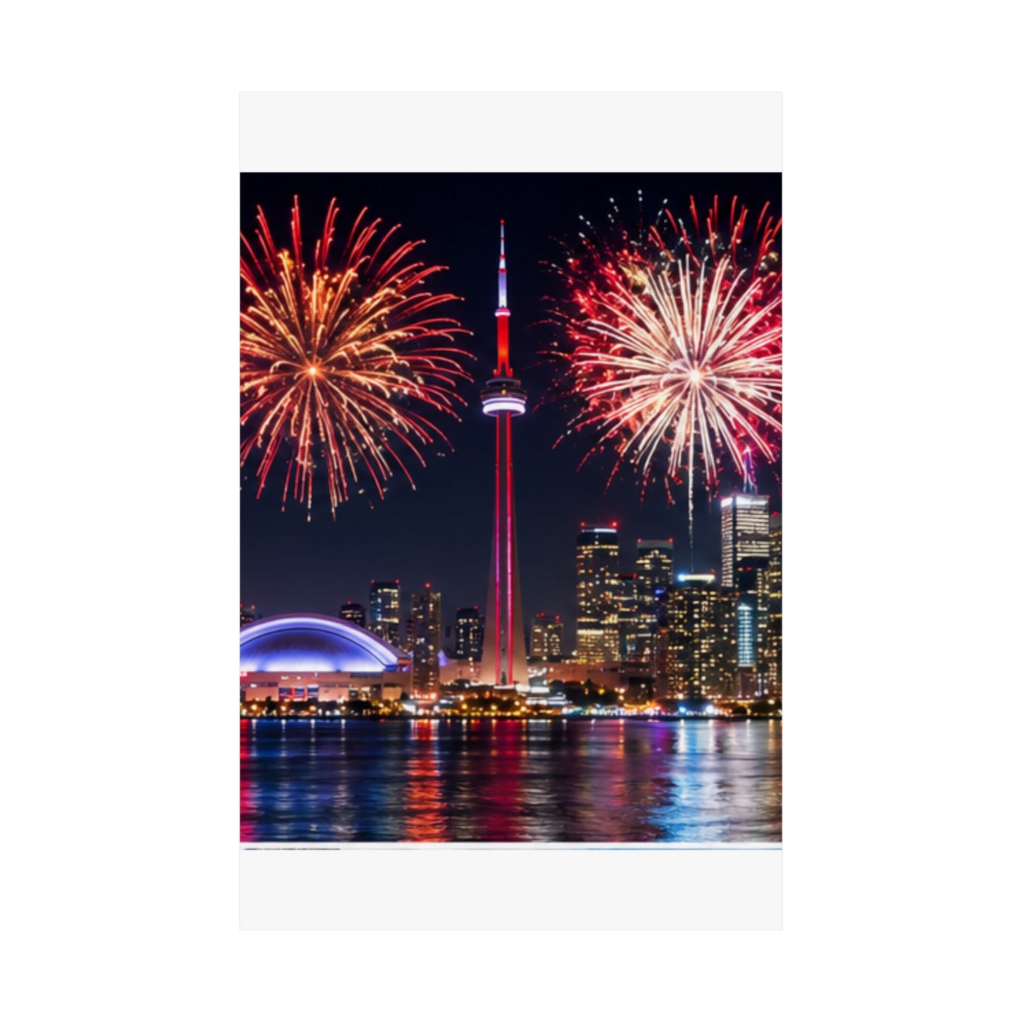 CN Tower Fireworks Matte Vertical Poster — Toronto Skyline Night Celebration Wall Art