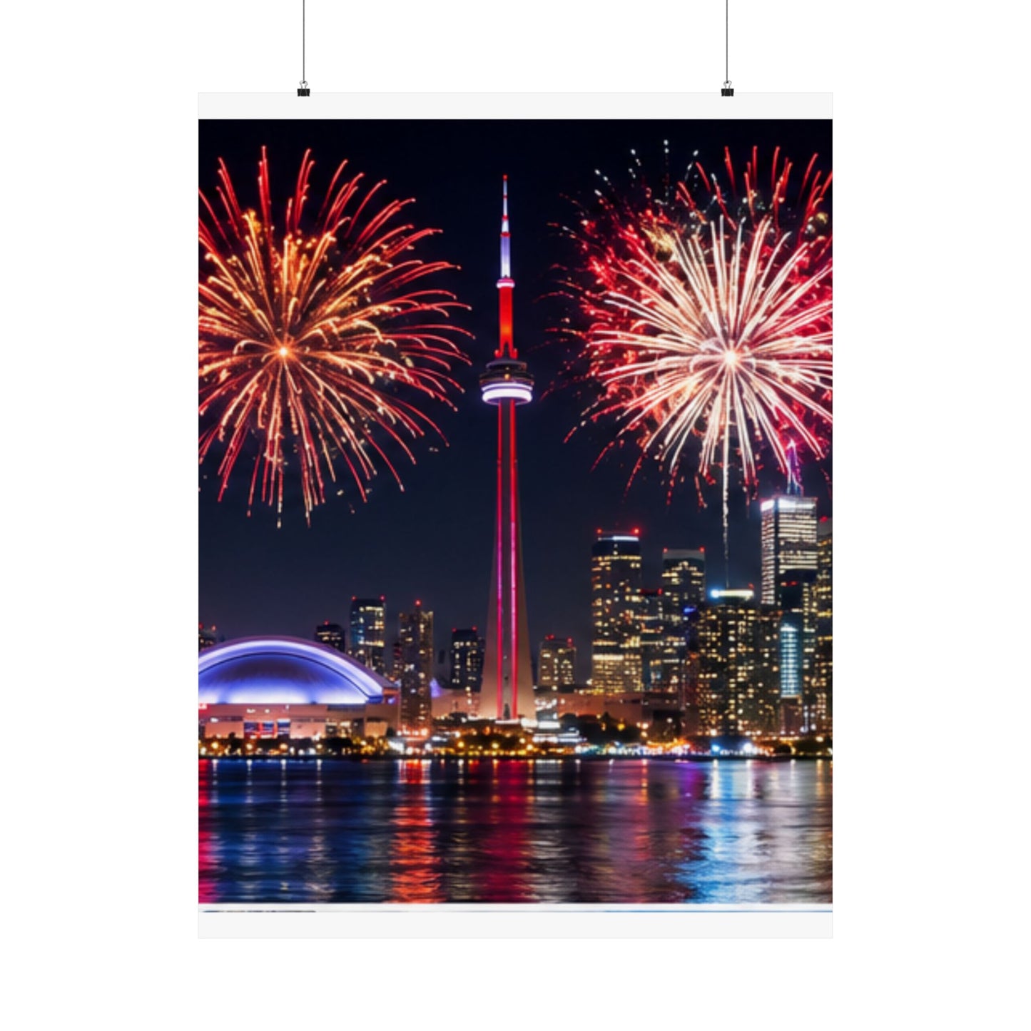 CN Tower Fireworks Matte Vertical Poster — Toronto Skyline Night Celebration Wall Art