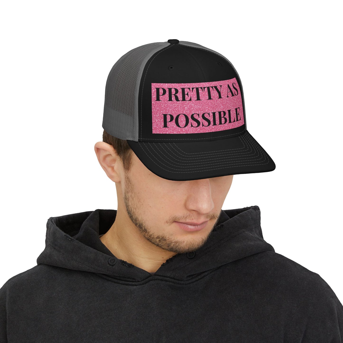 PRETTY AS POSSIBLE Snapback Hat | Pink Glitter Text Trucker Cap