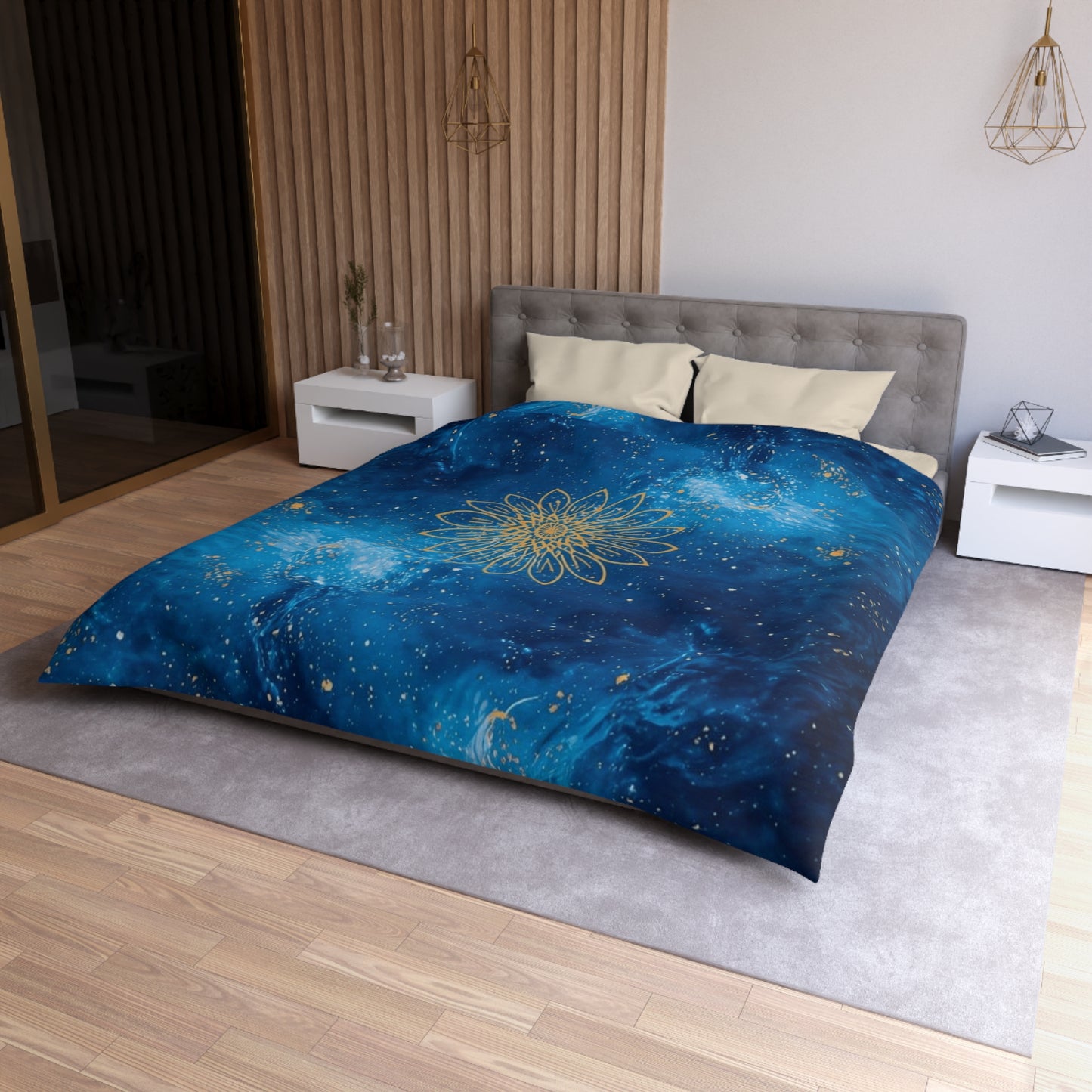 Galaxy Mandala Duvet Cover — Blue Cosmic Bedding with Gold Floral Mandala