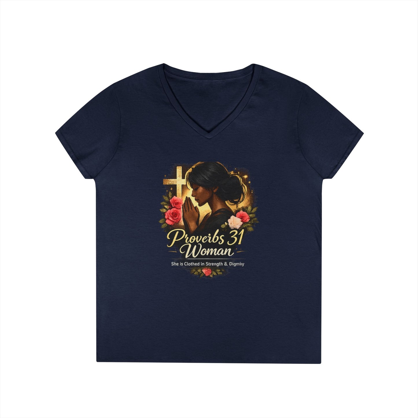 Proverbs 31 Woman V-Neck Tee — Faithful Christian Ladies Floral Shirt