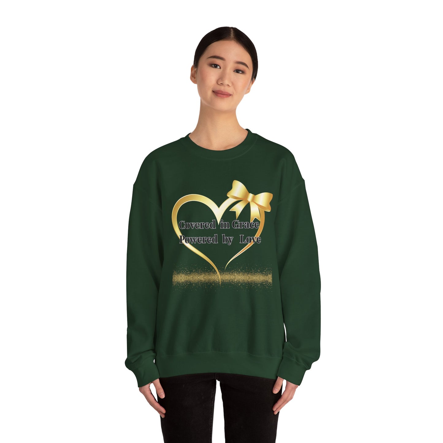 Crewneck Sweatshirt — "Covered in Grace Powered by Love" Gold Heart Design