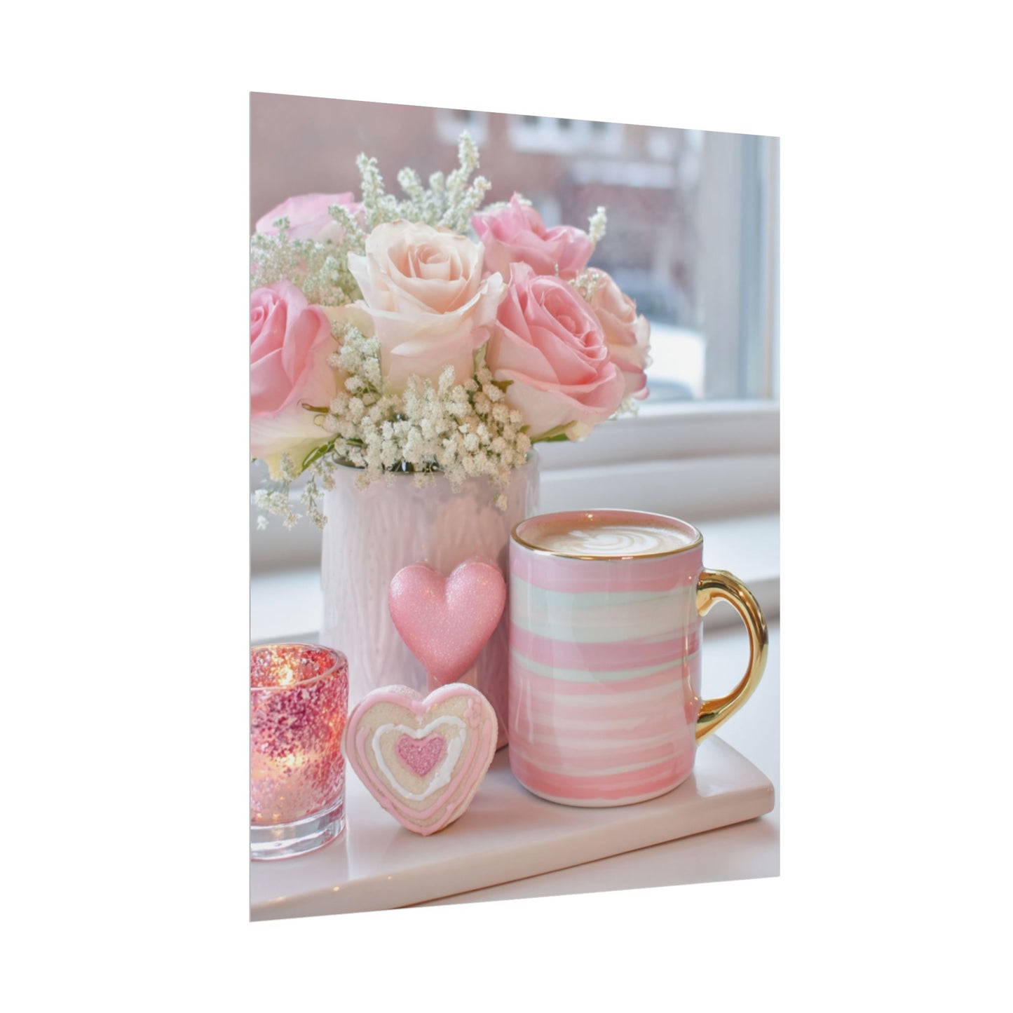 Pink Roses and Heart Mug Rolled Poster | Floral Coffee Still Life