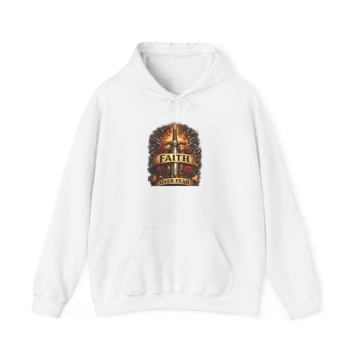 Faith Over Fear Hoodie — Inspirational Christian Pullover with Cross and Banner Design