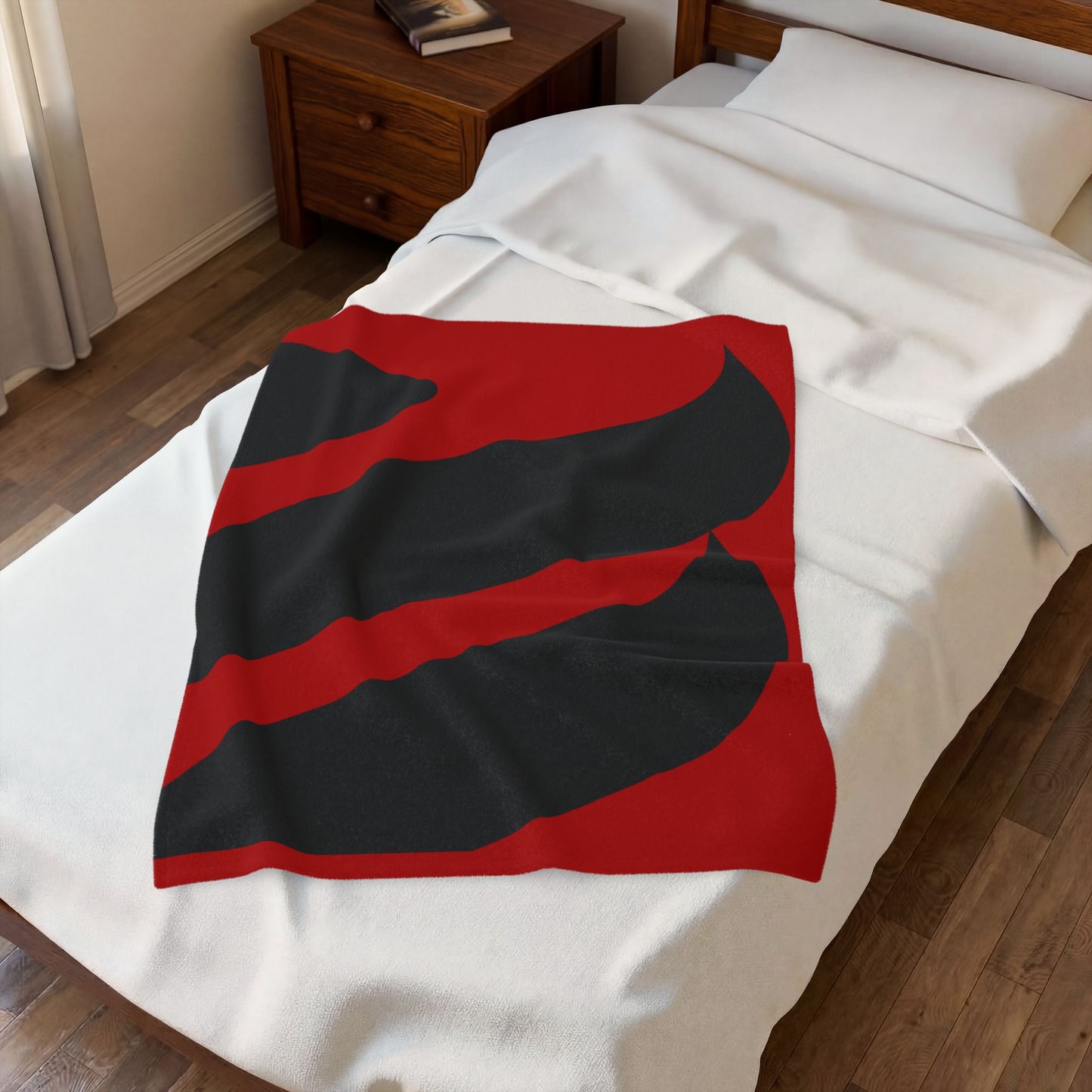 Bold Red Black Abstract Wave Velveteen Plush Blanket | Modern Geometric Throw
