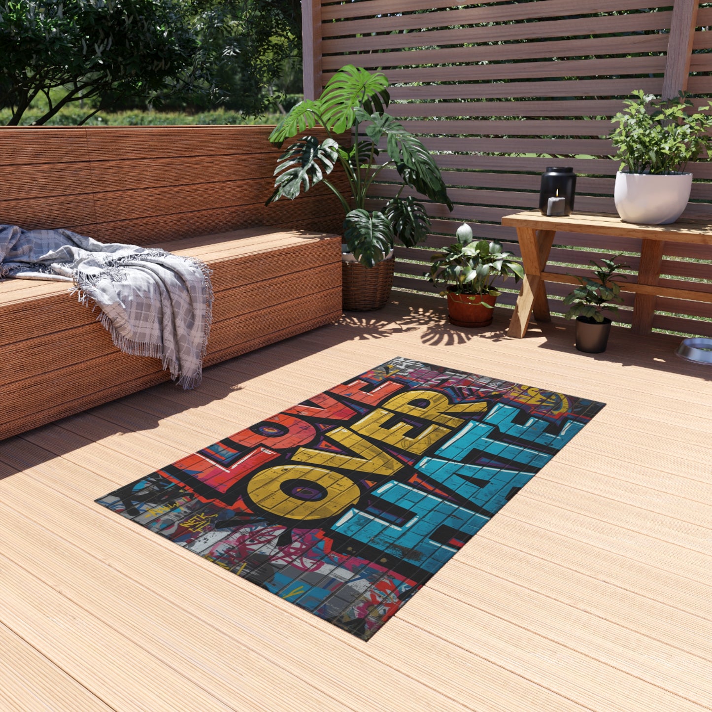 Love Over Hate Outdoor Rug — Colorful Graffiti Patio Mat