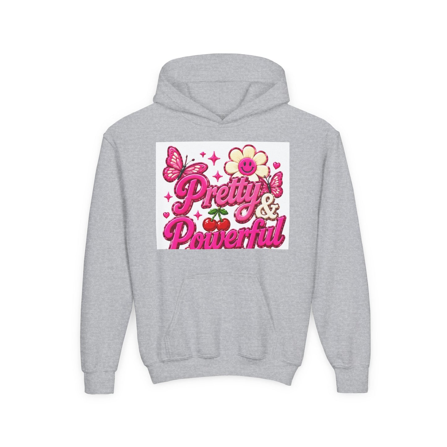 Pretty & Powerful Youth Hoodie | Pink Flower Butterfly Design