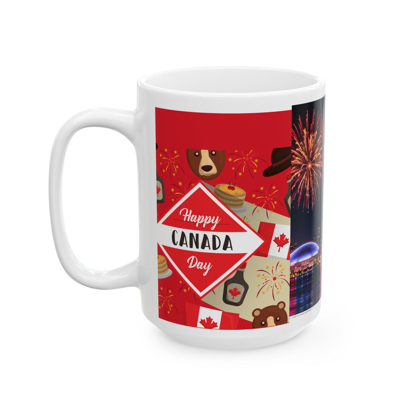 Canada Cityscape Fireworks Mug — Happy Canada Day Ceramic Coffee Cup (11oz/15oz)