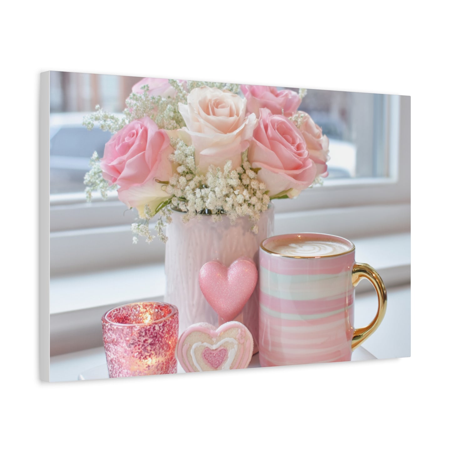 Pink Rose Bouquet with Mug Canvas