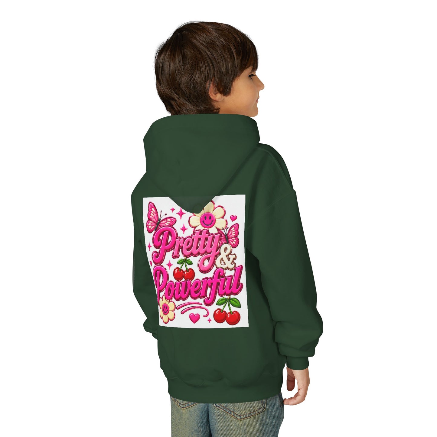 Pretty & Powerful Youth Hoodie | Pink Flower Butterfly Design
