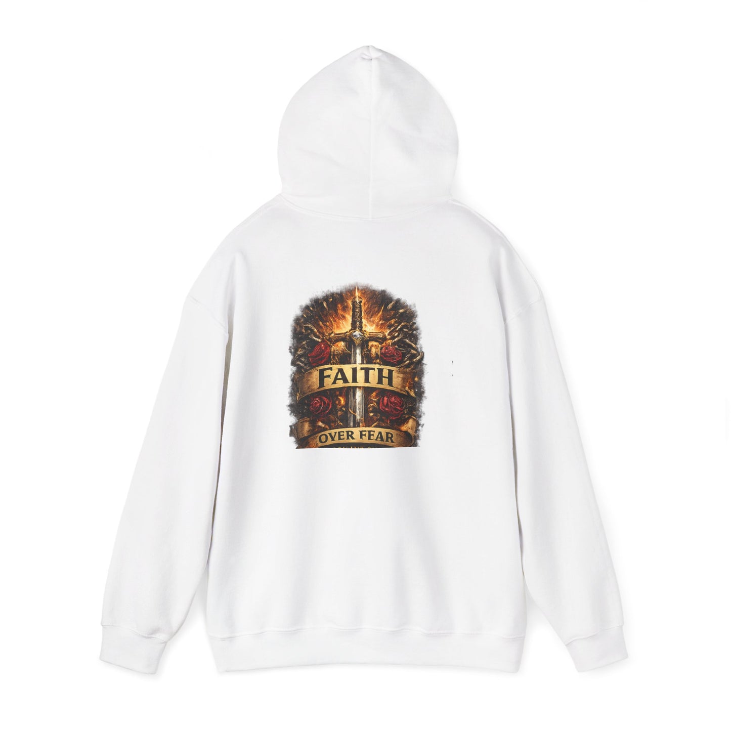Faith Over Fear Hoodie — Inspirational Christian Pullover with Cross and Banner Design