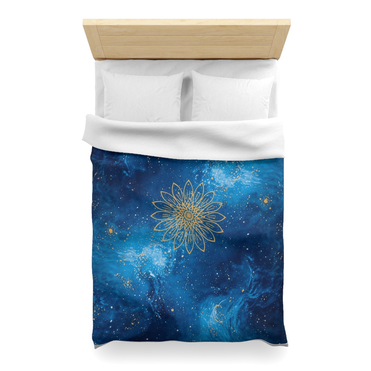 Galaxy Mandala Duvet Cover — Blue Cosmic Bedding with Gold Floral Mandala