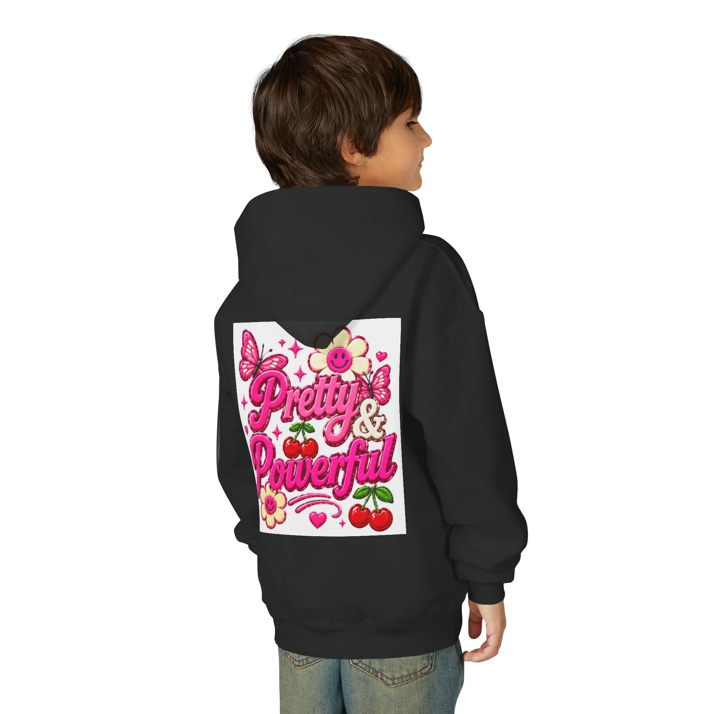 Pretty & Powerful Youth Hoodie | Pink Flower Butterfly Design