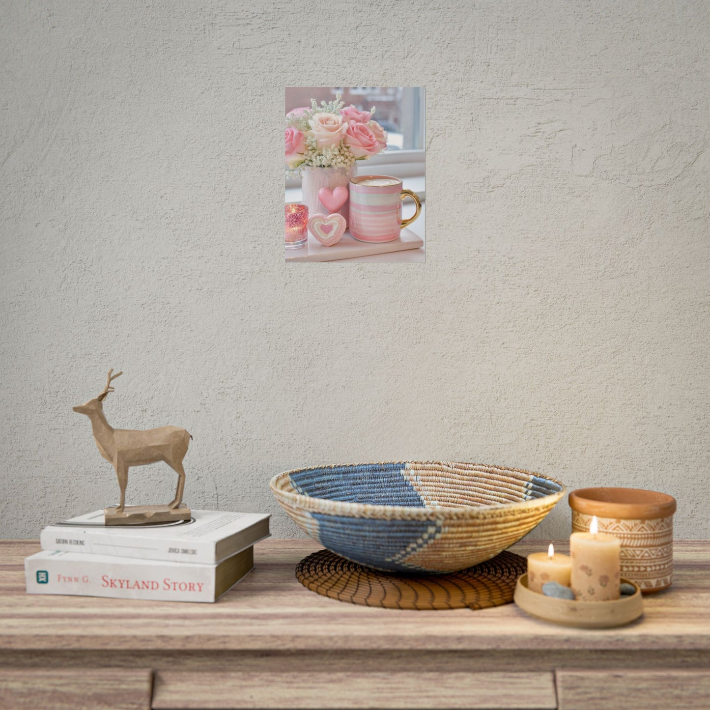 Pink Roses and Heart Mug Rolled Poster | Floral Coffee Still Life