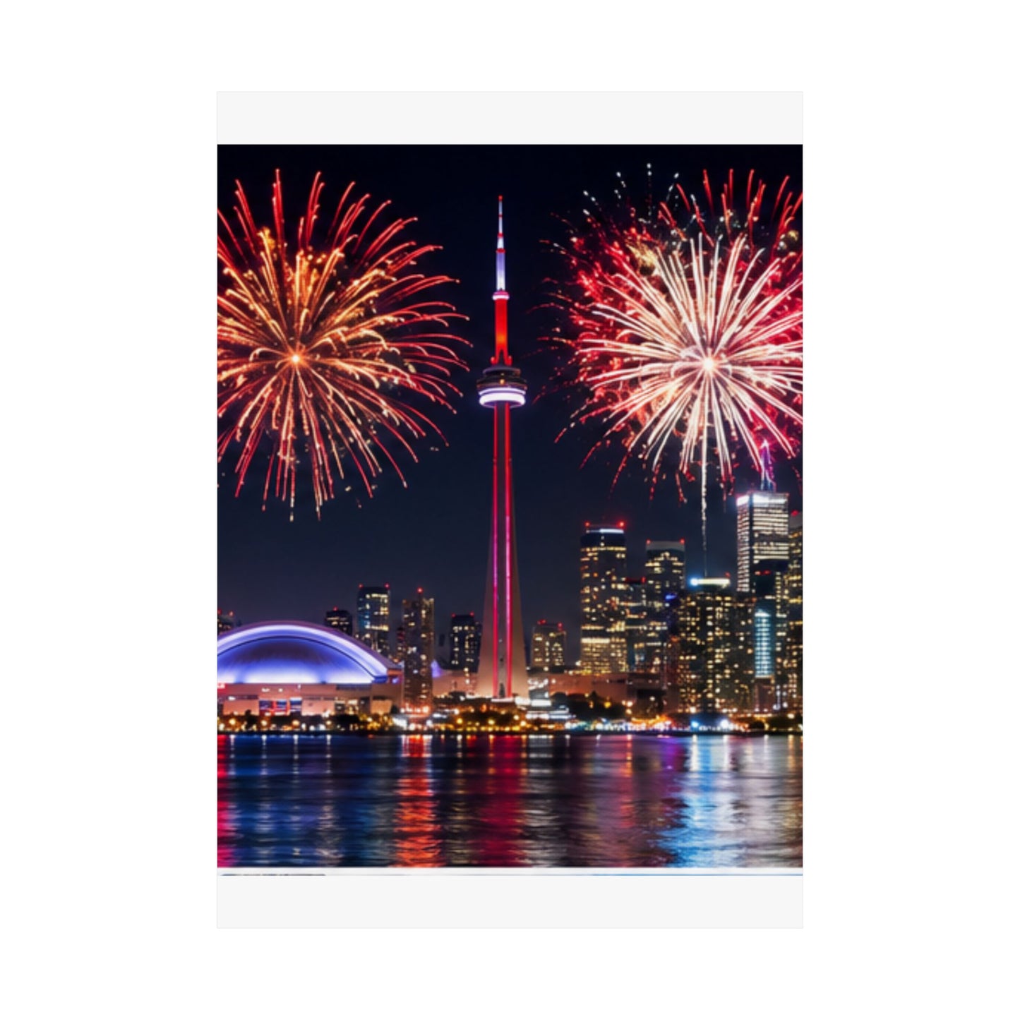 CN Tower Fireworks Matte Vertical Poster — Toronto Skyline Night Celebration Wall Art